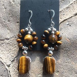 Tigereye, drop, long, sterling silver earrings